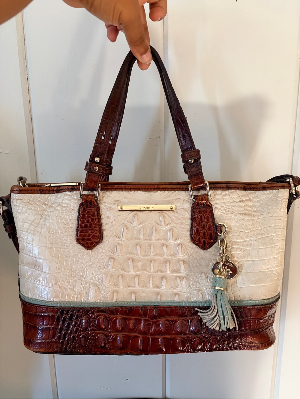 Brahmin Cream and Brown Croc-Embossed Leather Satchel with Tassel